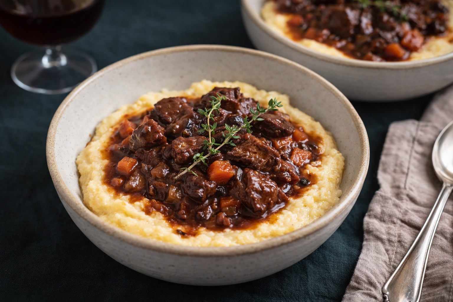 Hearty red wine beef casserole served over creamy polenta in a bowl.