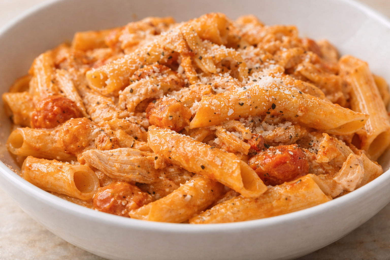 Creamy roasted capsicum and chicken pasta, comforting and vibrant in a bowl.