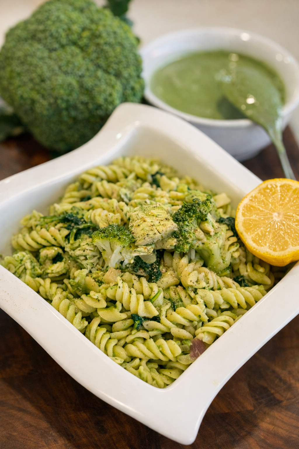 Creamy spinach, avocado, and roasted chicken pasta with a lemon wedge.