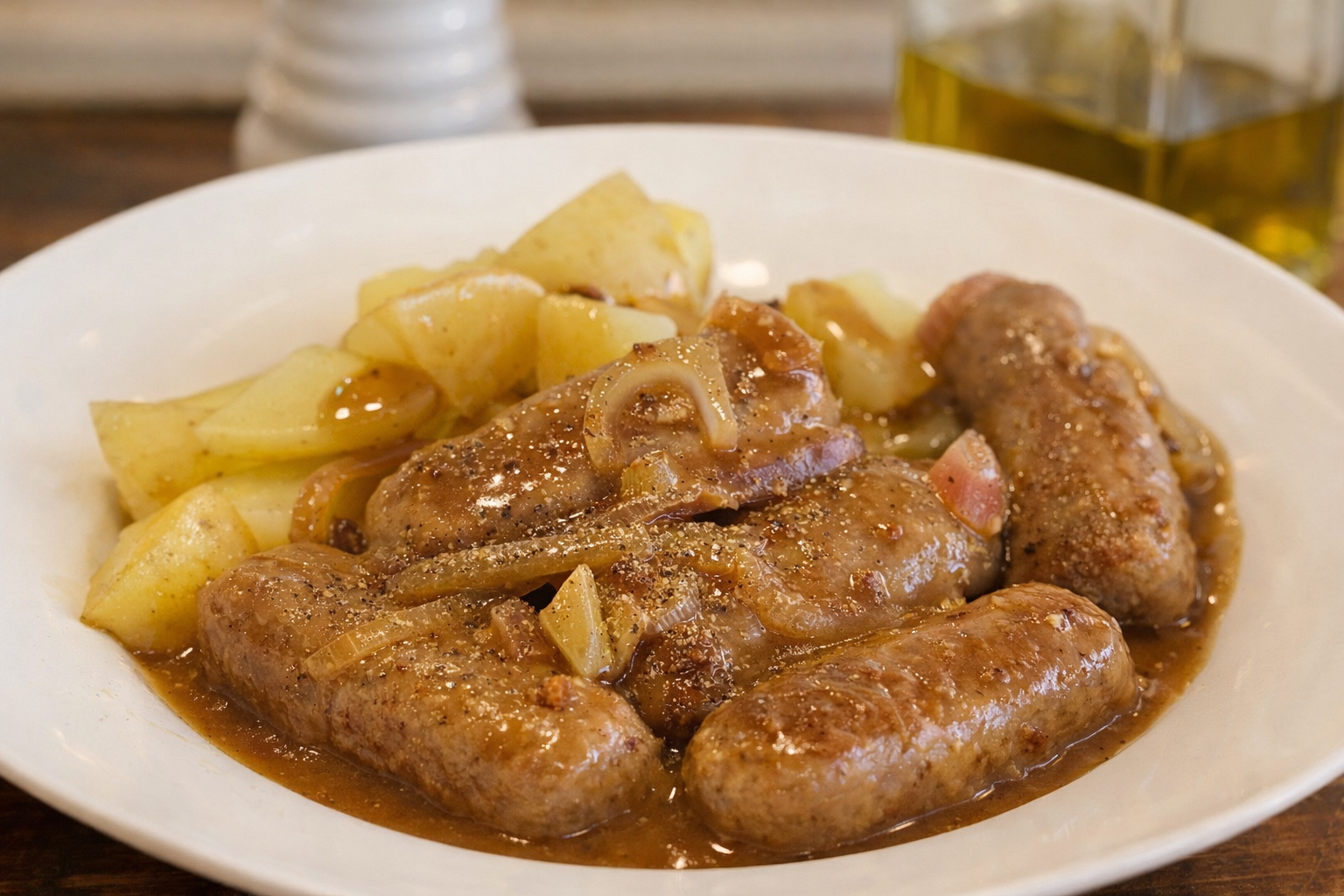 Chipolata sausages with rich onion gravy, served in a skillet.