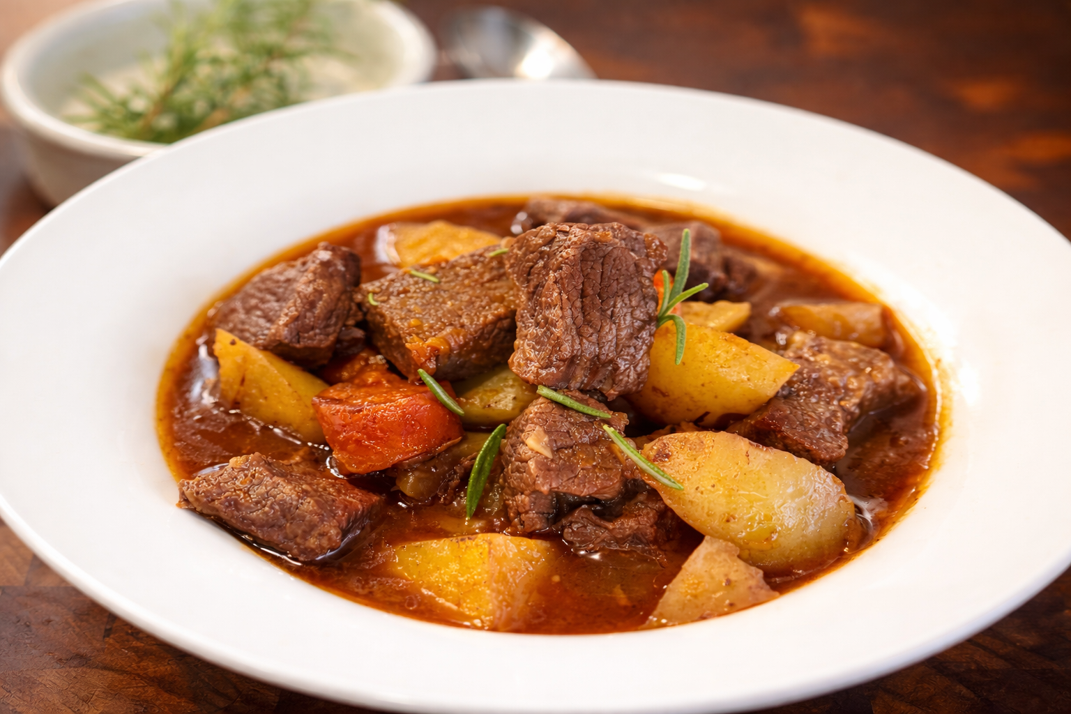 Hearty blade roast beef casserole with potatoes, carrots, and rosemary, in a rich gravy.