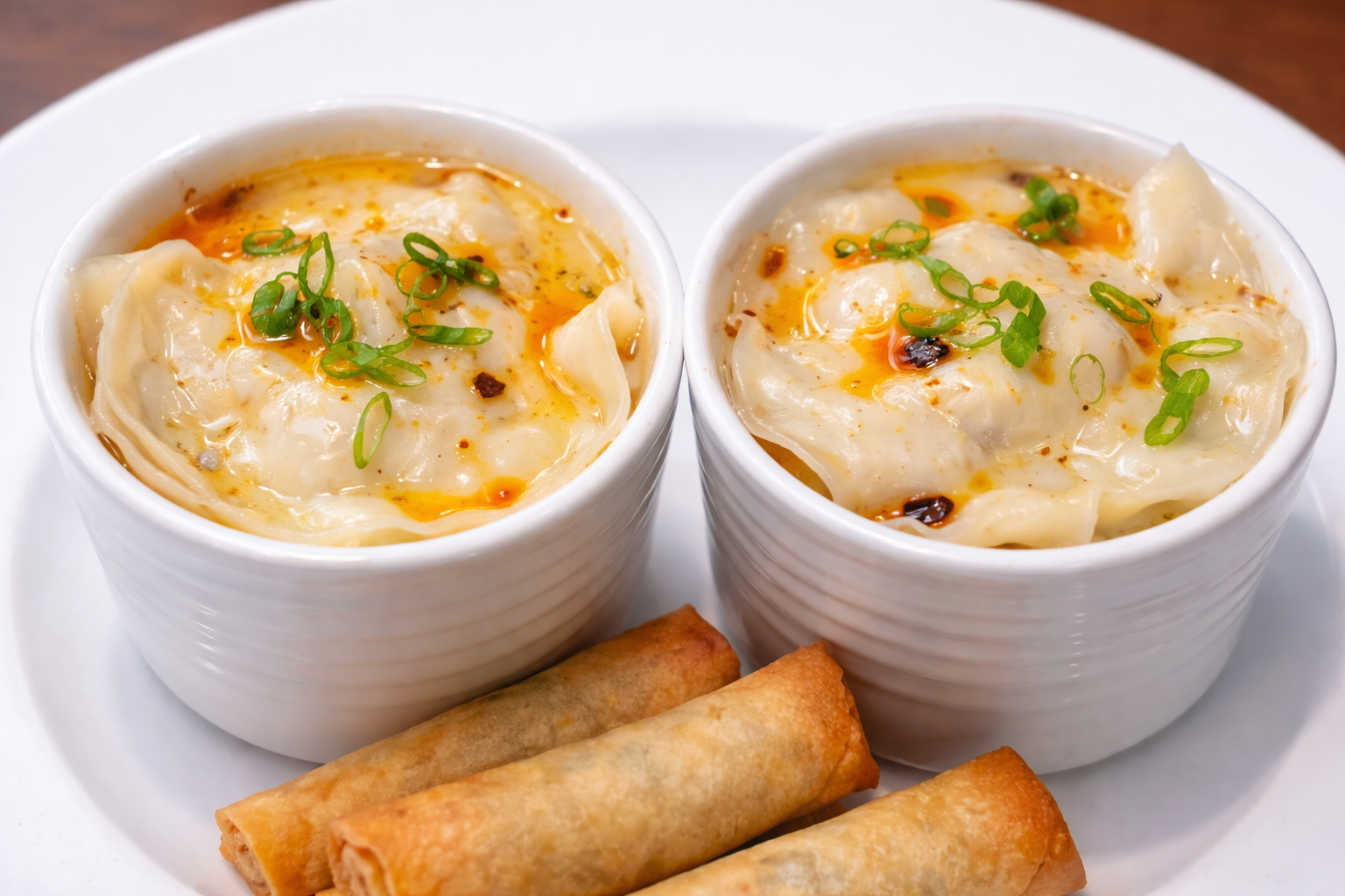 Steamed chicken dumpling cups with ginger, cabbage, and chili oil.