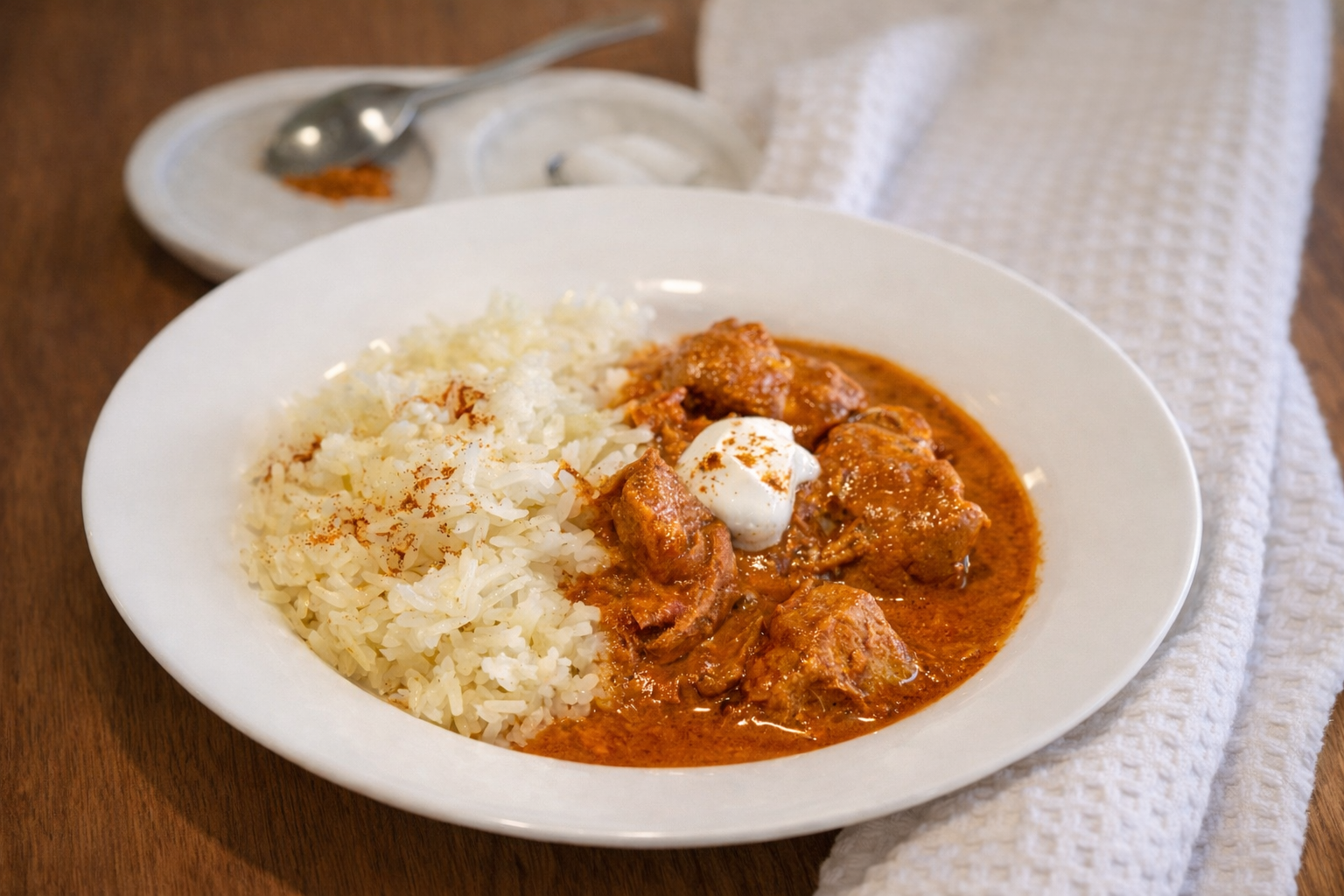 Slow oven coconut chicken masala, rich and silky, served over rice.
