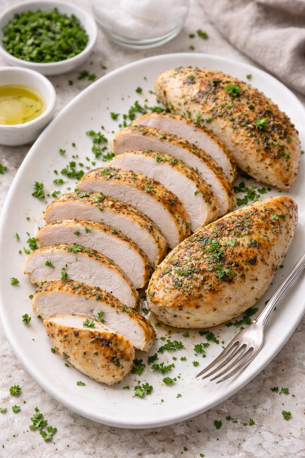 Perfectly cooked dry-brined roast chicken breast, sliced, with herbs.