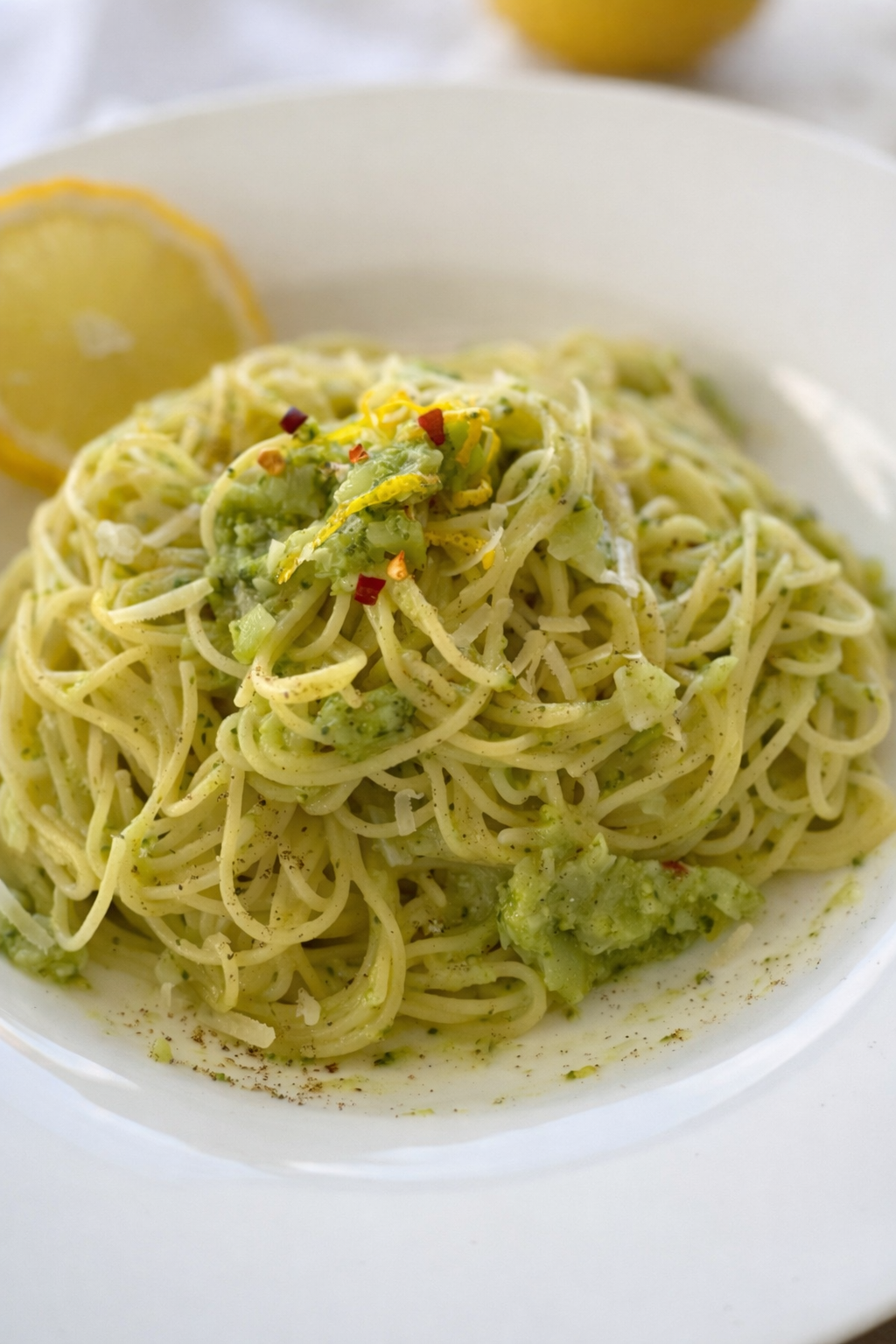 Sicilian-style broccoli angel hair pasta with lemon and pecorino in a bowl.