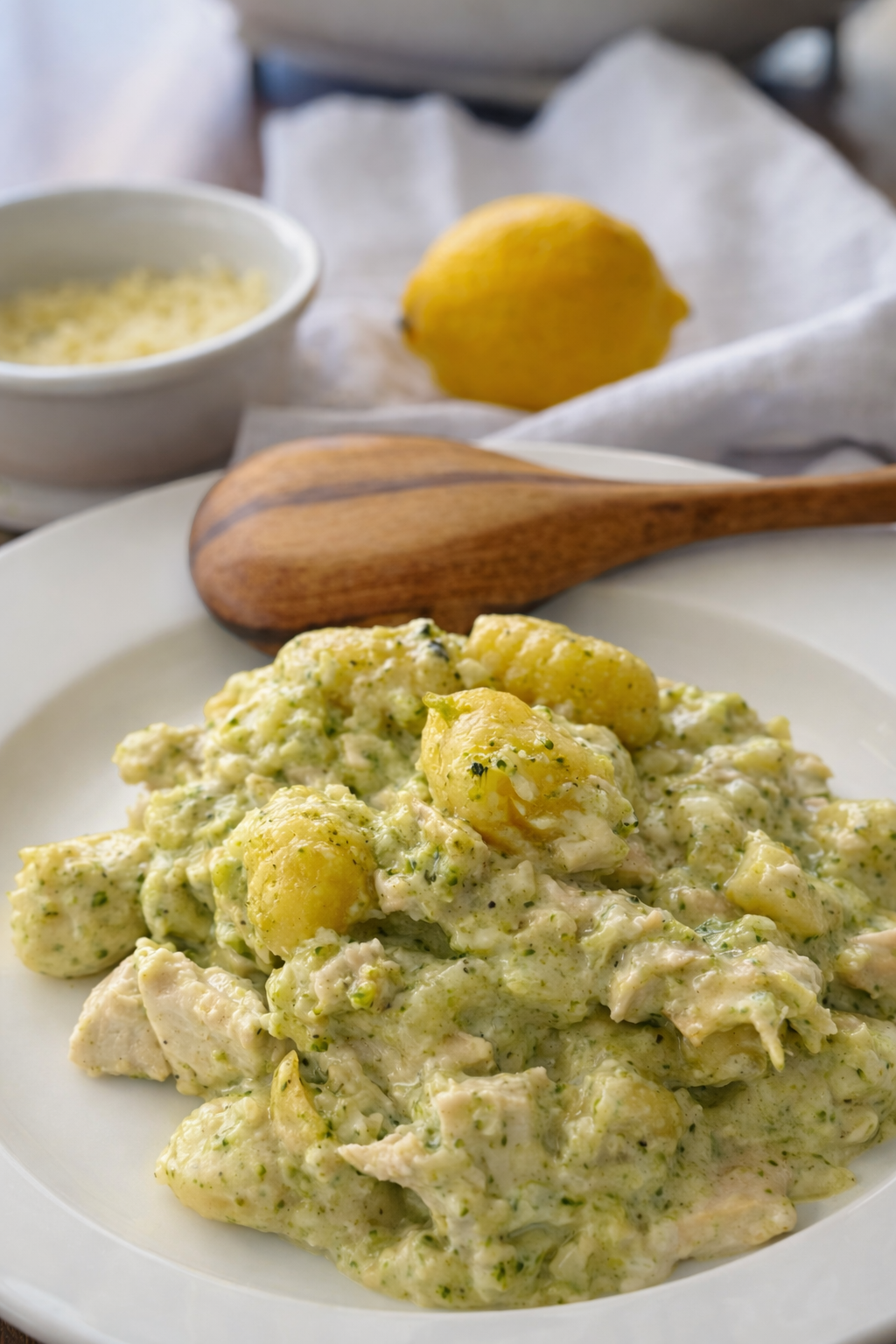Creamy chicken and broccoli gnocchi bake, bubbling in a baking dish.
