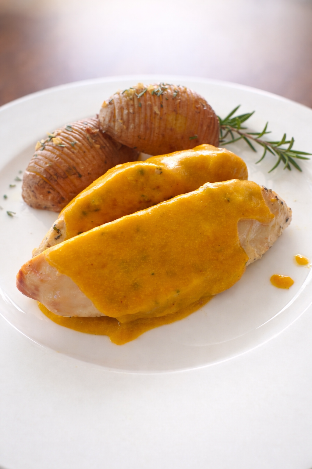 Tender roast chicken, silky capsicum sauce, and crispy potato bugs on a plate.