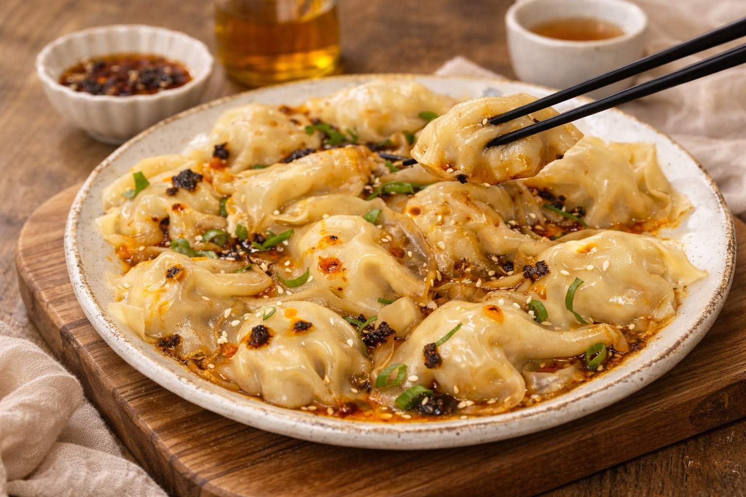 Skillet chicken dumplings with wonton wrappers, chilli oil, and green onions.