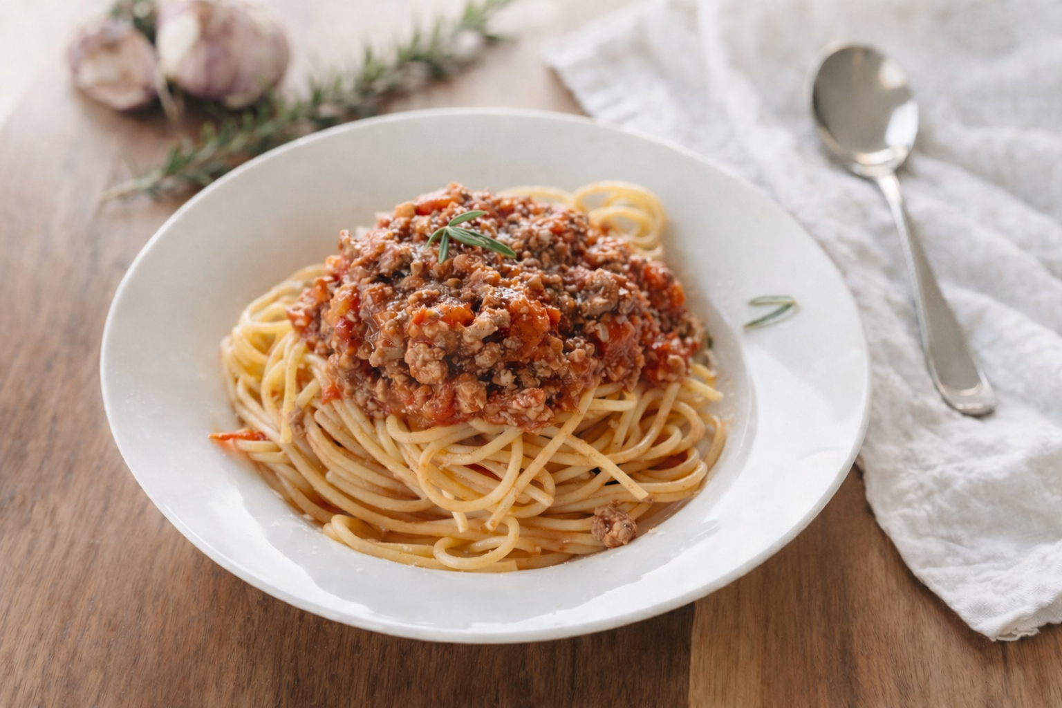 Rich, thick beef and pork ragù, simmered to a deep savory color.