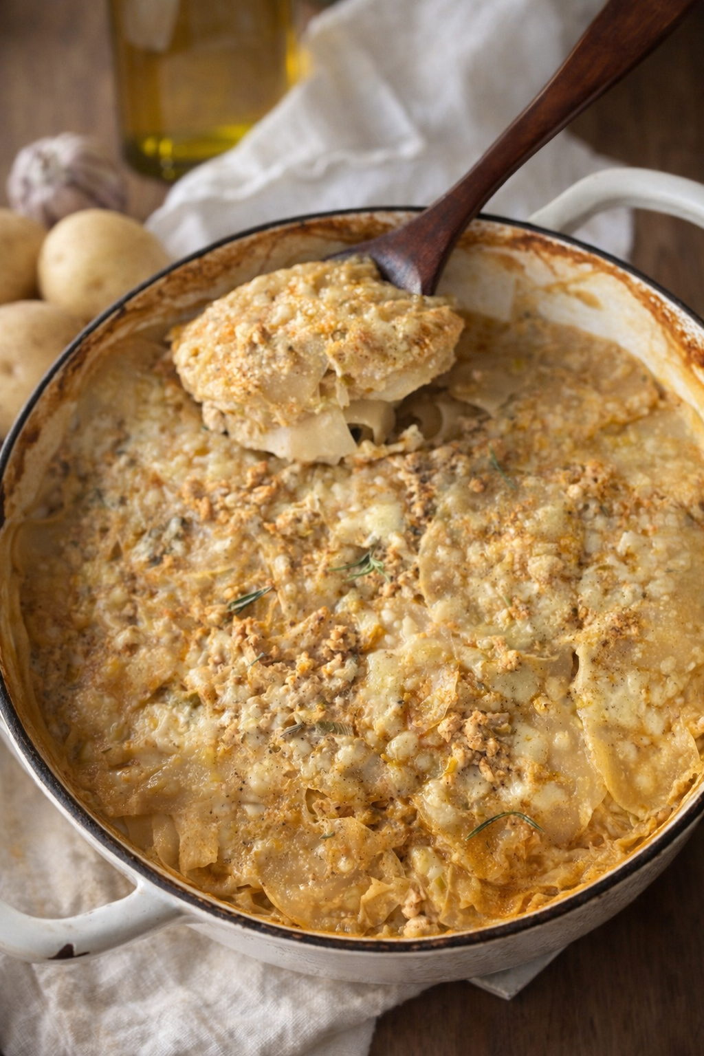 Golden, rustic creamy chicken, cabbage, and potato bake in a dish.