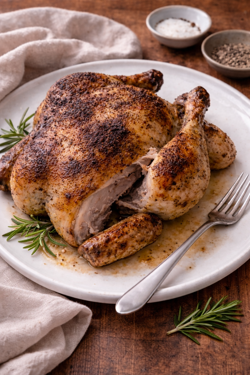 Golden, juicy roast chicken with extra crispy skin, carved on a board.