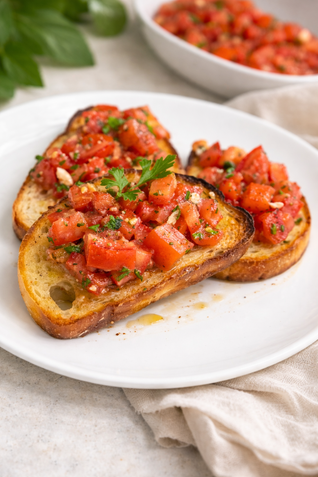 Simple tomato bruschetta on garlic-rubbed toast, drizzled with olive oil.