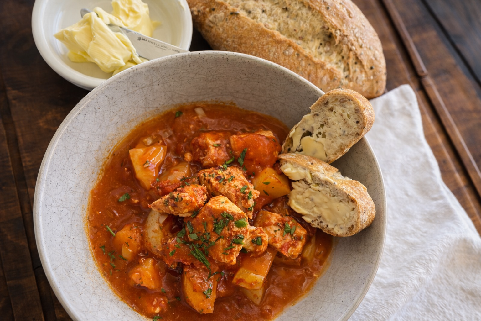 Rustic Portuguese tomato chicken and potato stew, bubbling in a pot.