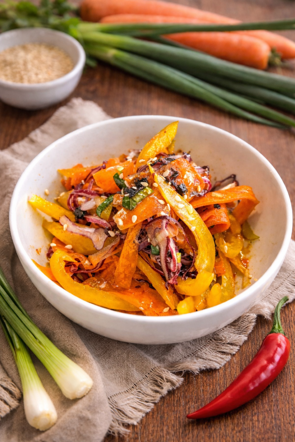 Vibrant rainbow ribbon salad with yellow capsicum, carrot, purple cabbage, and lime.