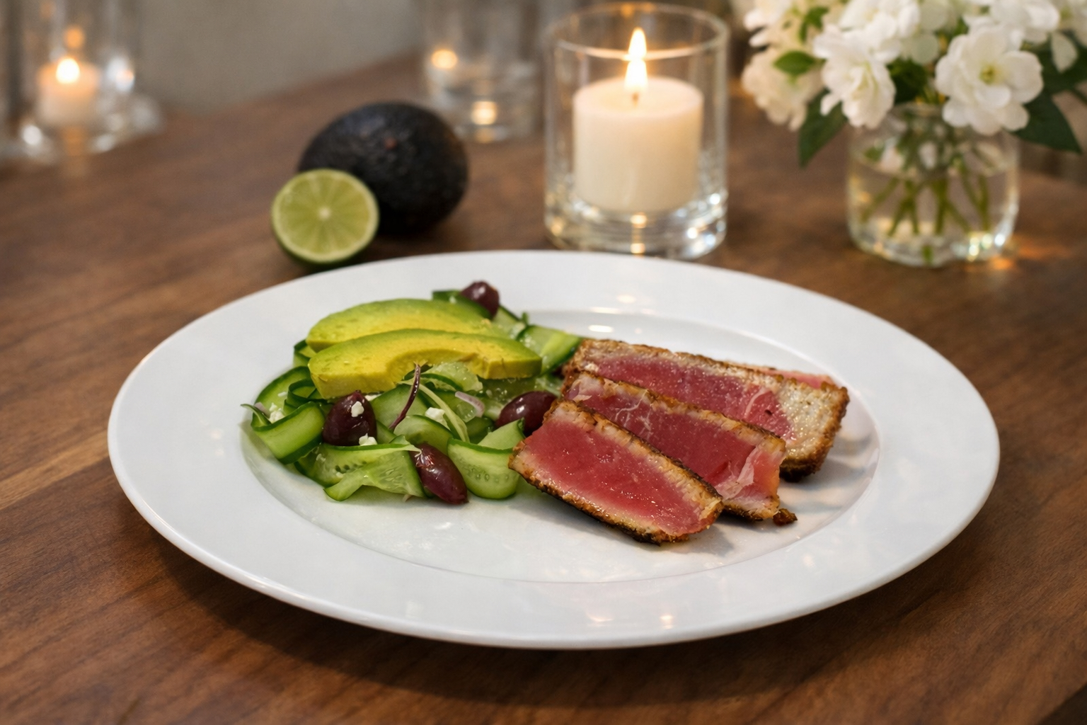 Pan-seared tuna slices with a colorful Mediterranean ribbon salad.