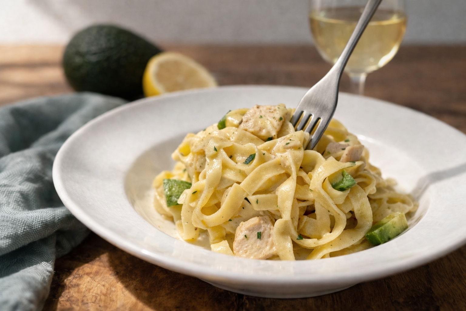 Creamy chicken, white wine, and avocado fettuccine with fresh lemon.