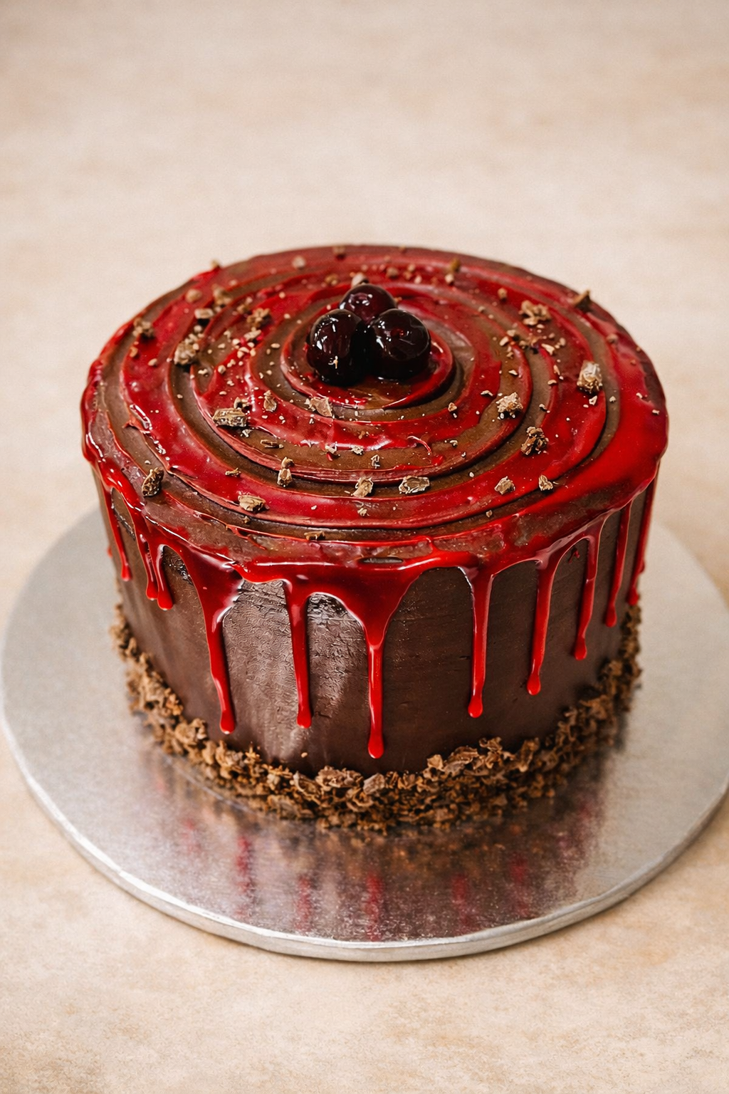 Decadent chocolate mud cake with ganache, Cherry Ripe pieces, and a white chocolate drip.