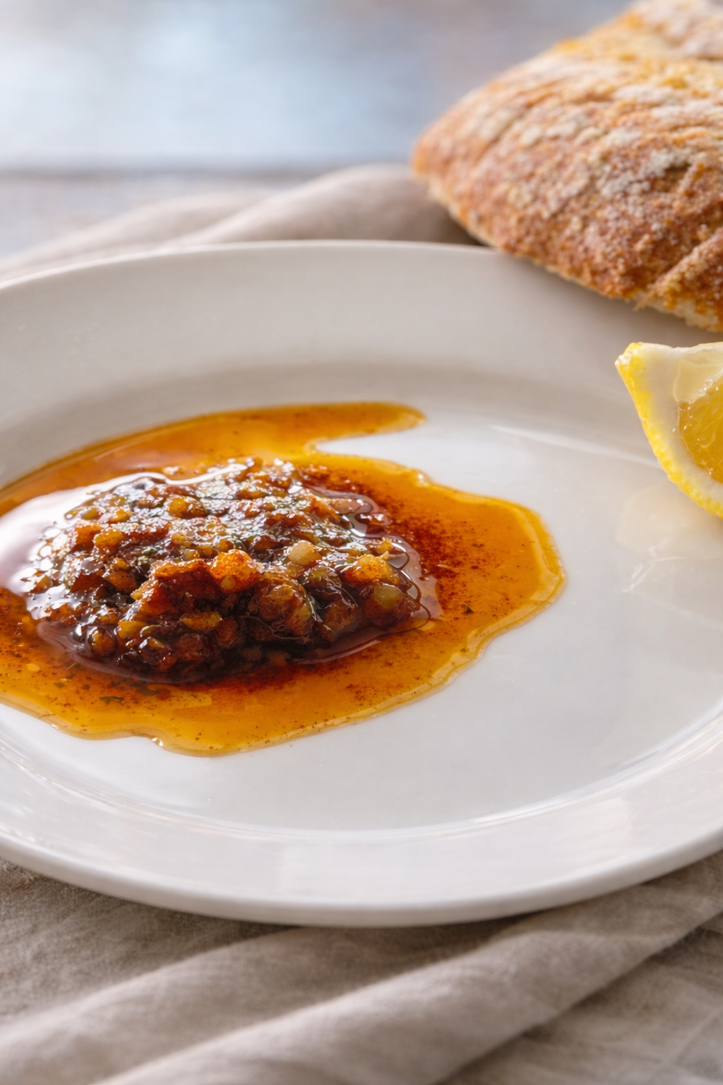 A small jar of deep red peri peri oil made with olive oil, paprika and garlic.