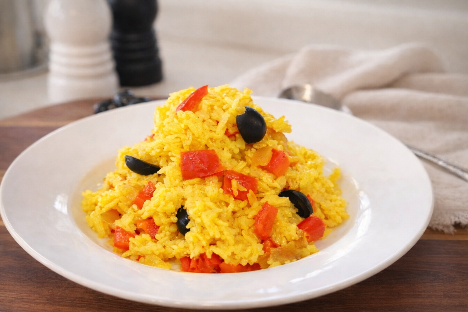 Golden turmeric rice with soft red capsicum, red onion and black olives.