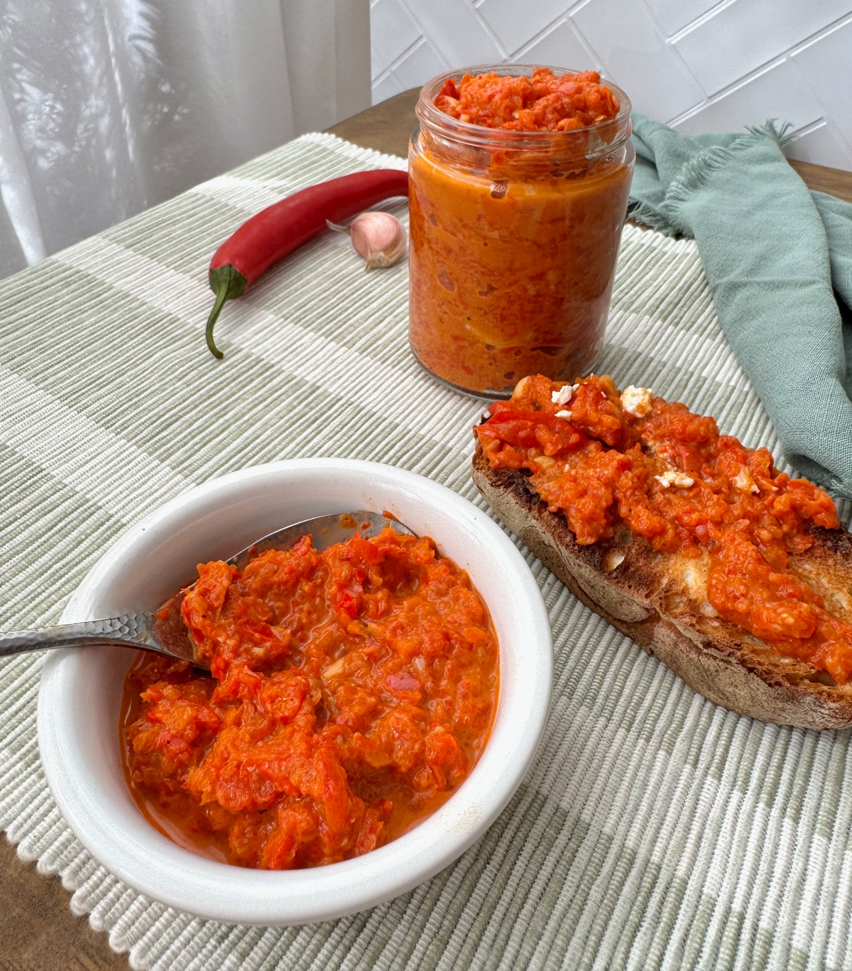 A jar of rustic red pimenta moída, Portuguese red pepper sauce.