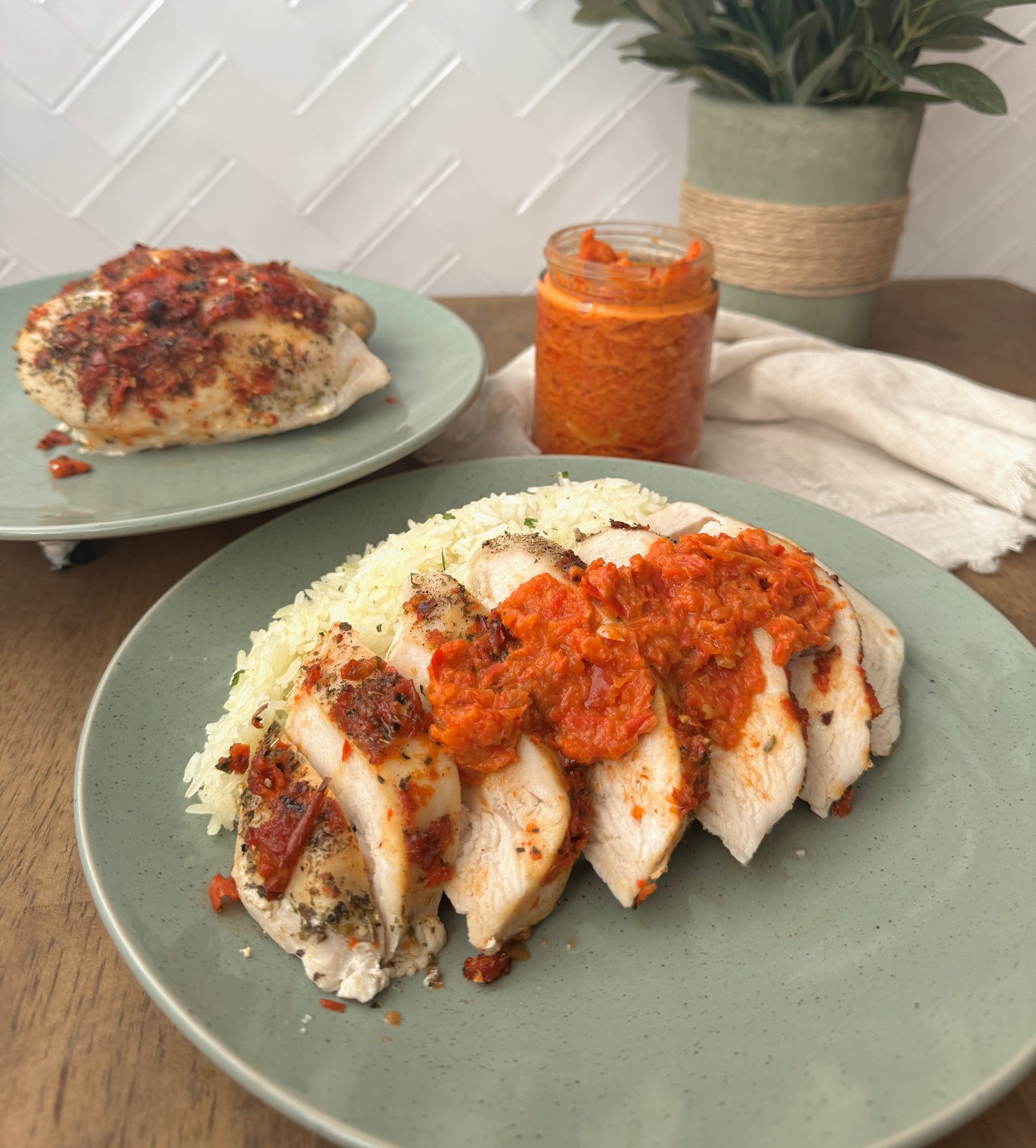 Portuguese chicken breast roasted with red pimenta moída, served with garlic rice.