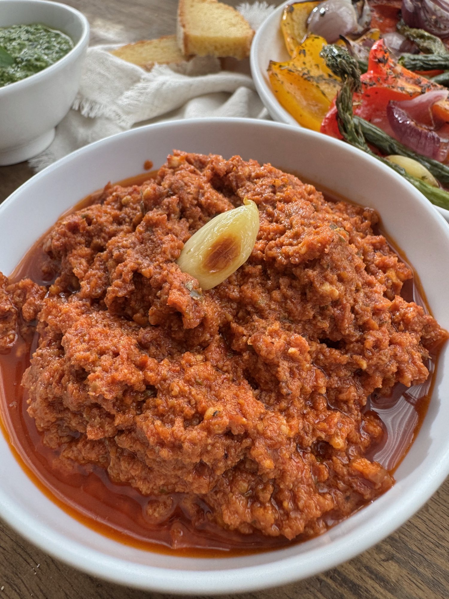 A bowl of rich red sun-dried tomato pesto.