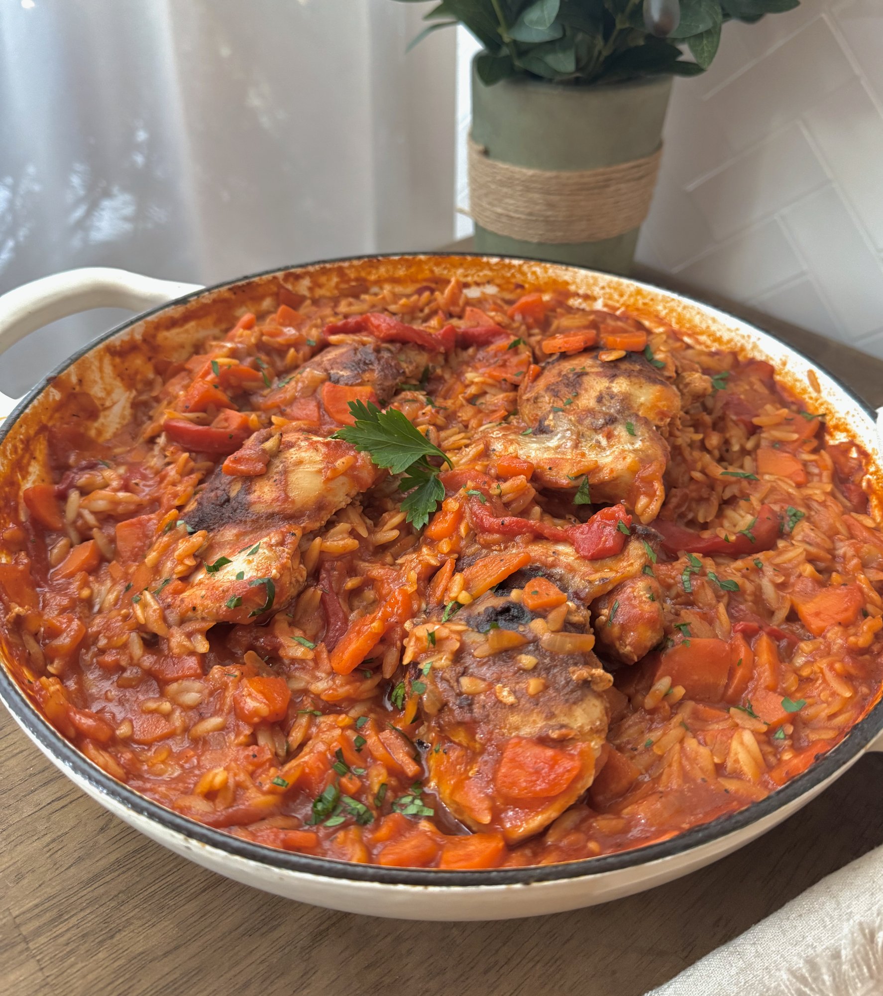 Chicken risoni in a rich tomato and roasted capsicum sauce with carrot.