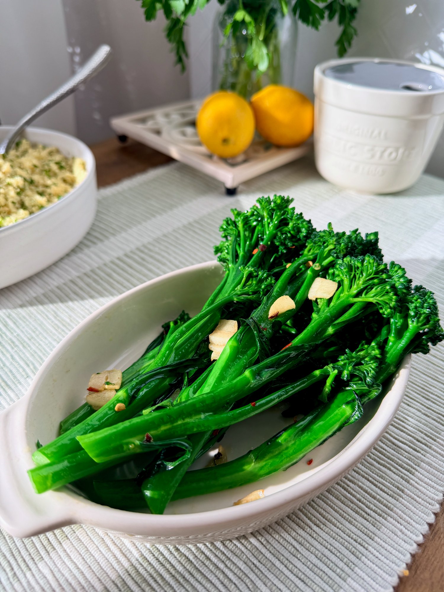 Bright green broccolini tossed with garlic, chilli and lemon.