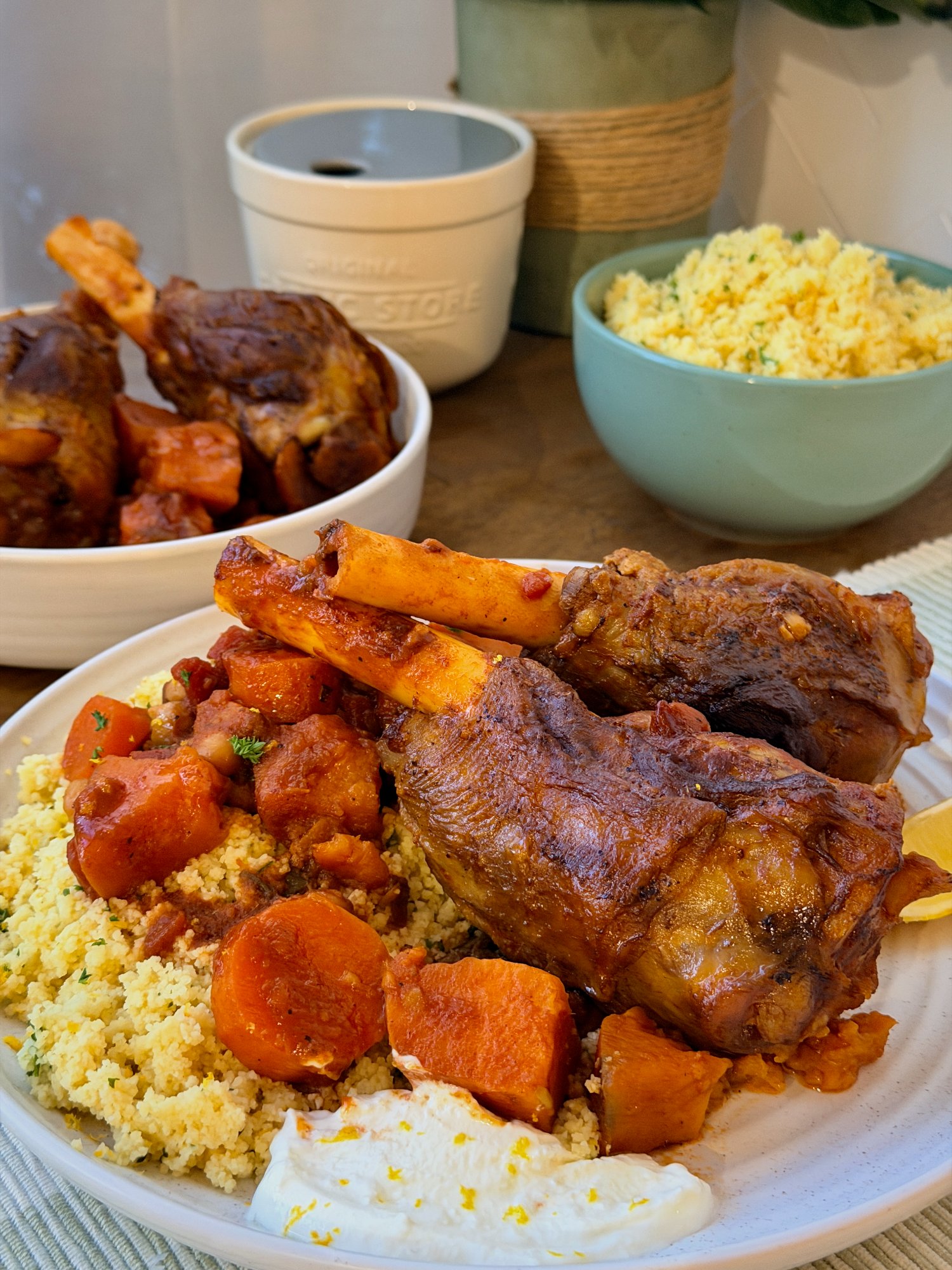 Moroccan inspired lamb shanks braised with chickpeas, carrot and sweet potato in tomato sauce.