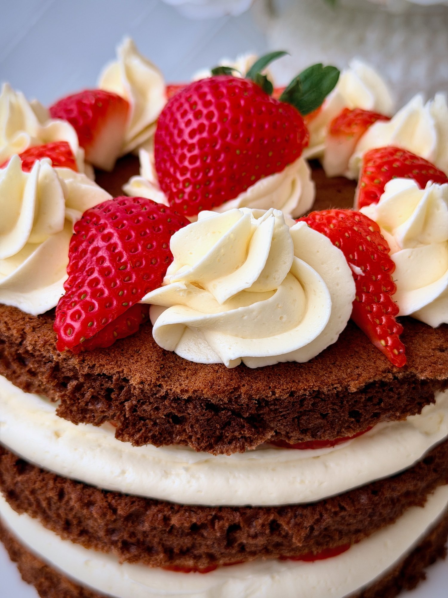A chocolate layer cake filled with raspberry jam and cream, topped with cream swirls and strawberries.