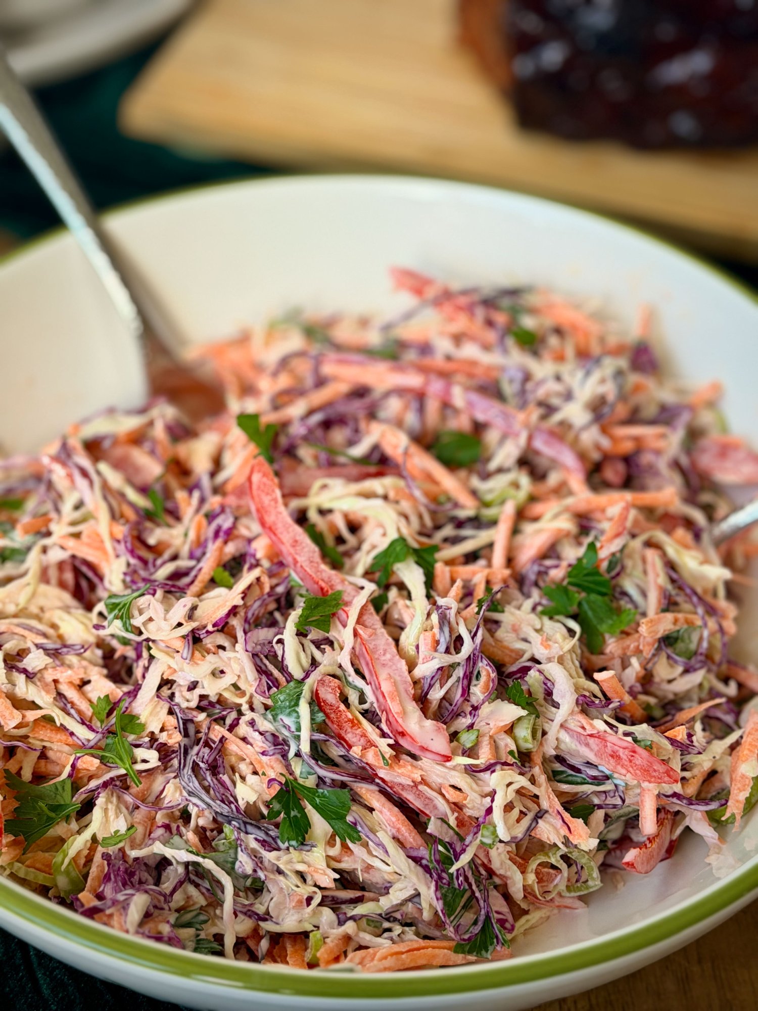 Australian Christmas coleslaw with cabbage, carrot, red capsicum, spring onion and parsley.