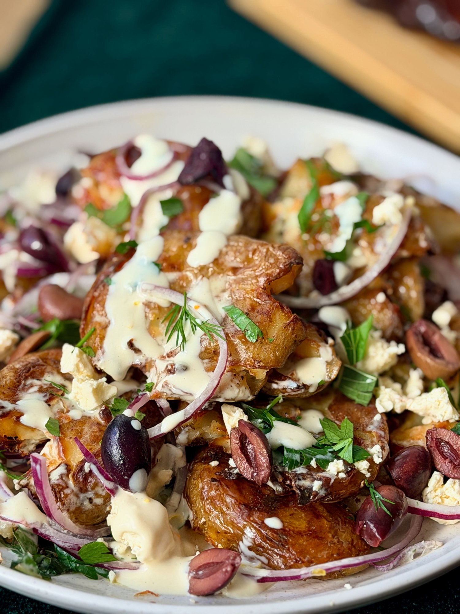 Crispy Smashed Potato Salad with Feta, Olives & Creamy Lemon Dressing