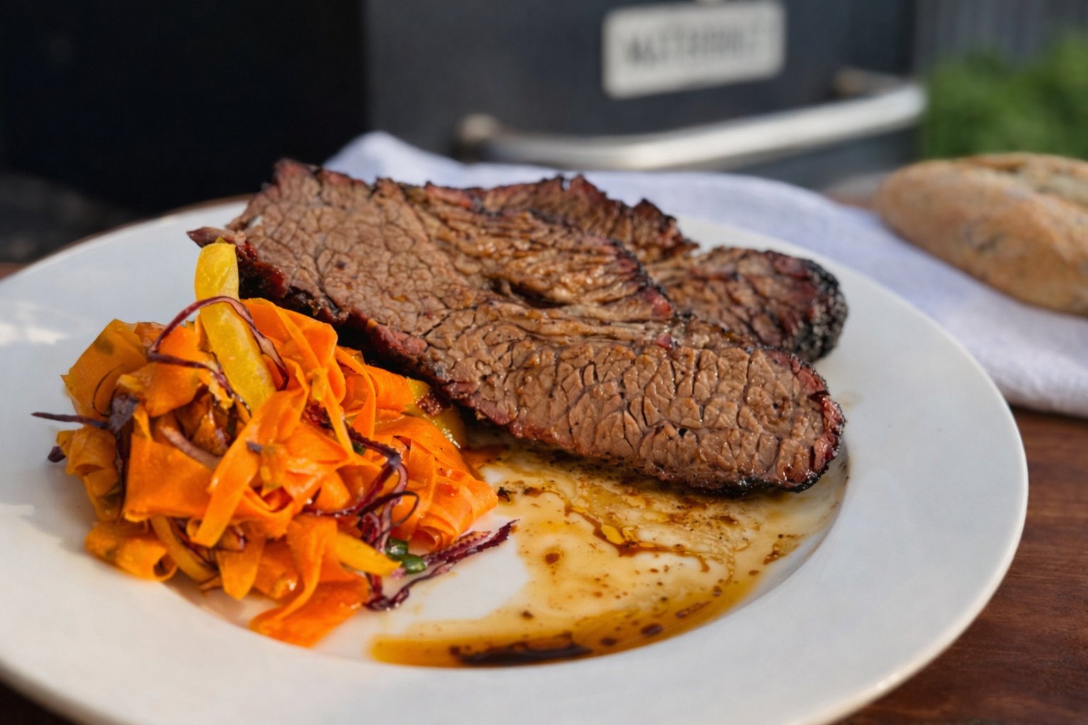 Low and slow smoked beef brisket, sliced, with a dark bark and rendered fat.